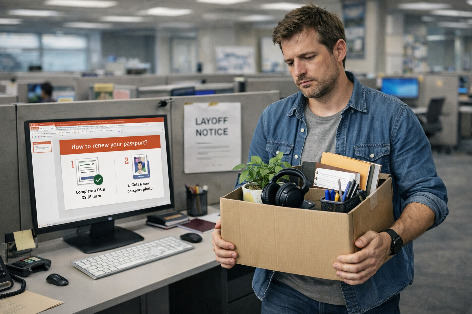 Jake sitting with a box of his belongings after being laid off